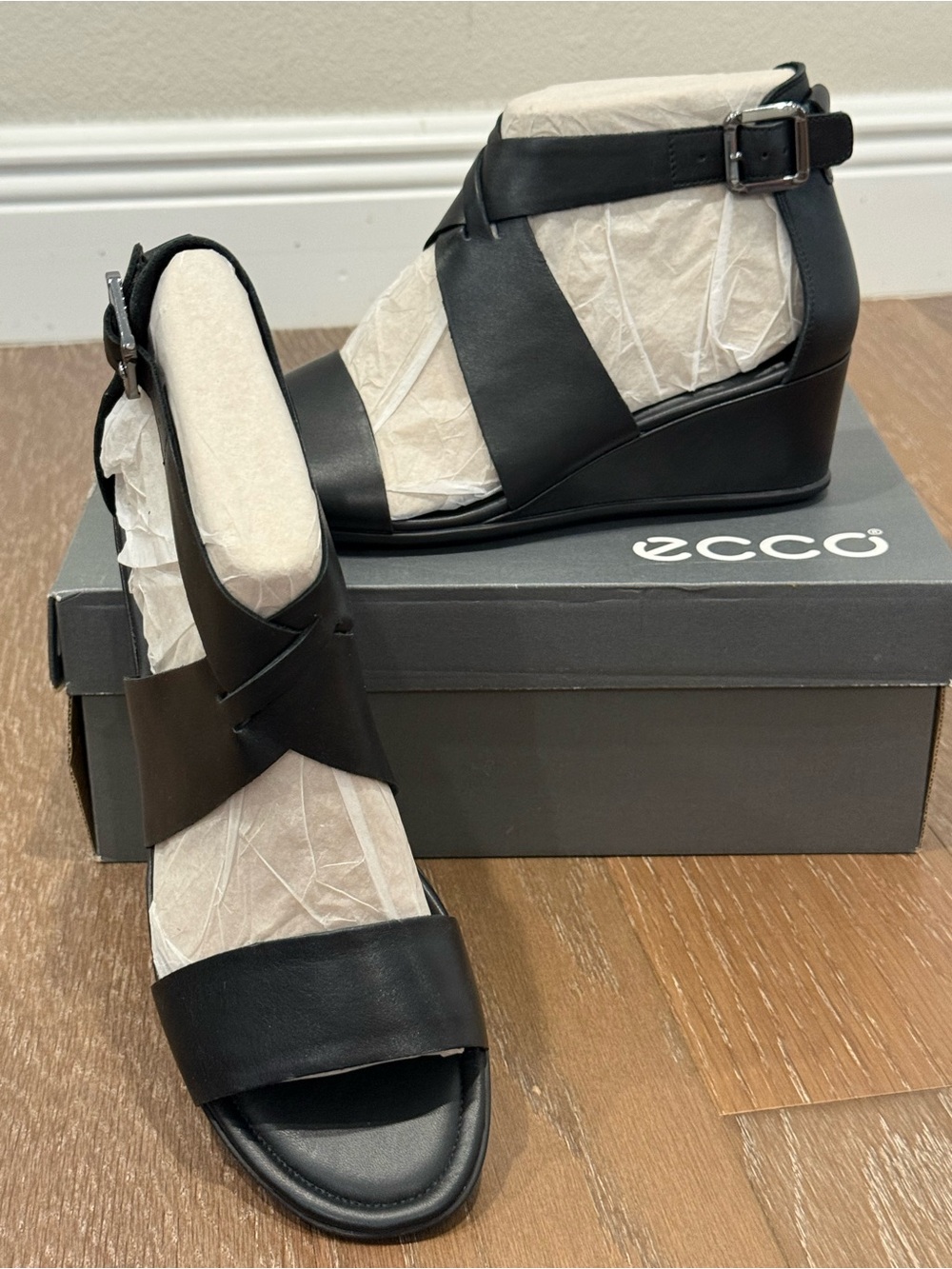 Ecco Black Leather Wedge Sandals with Ankle Buckle